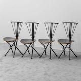 Set of 4 folding chairs in metal and wood, 1970s vintage