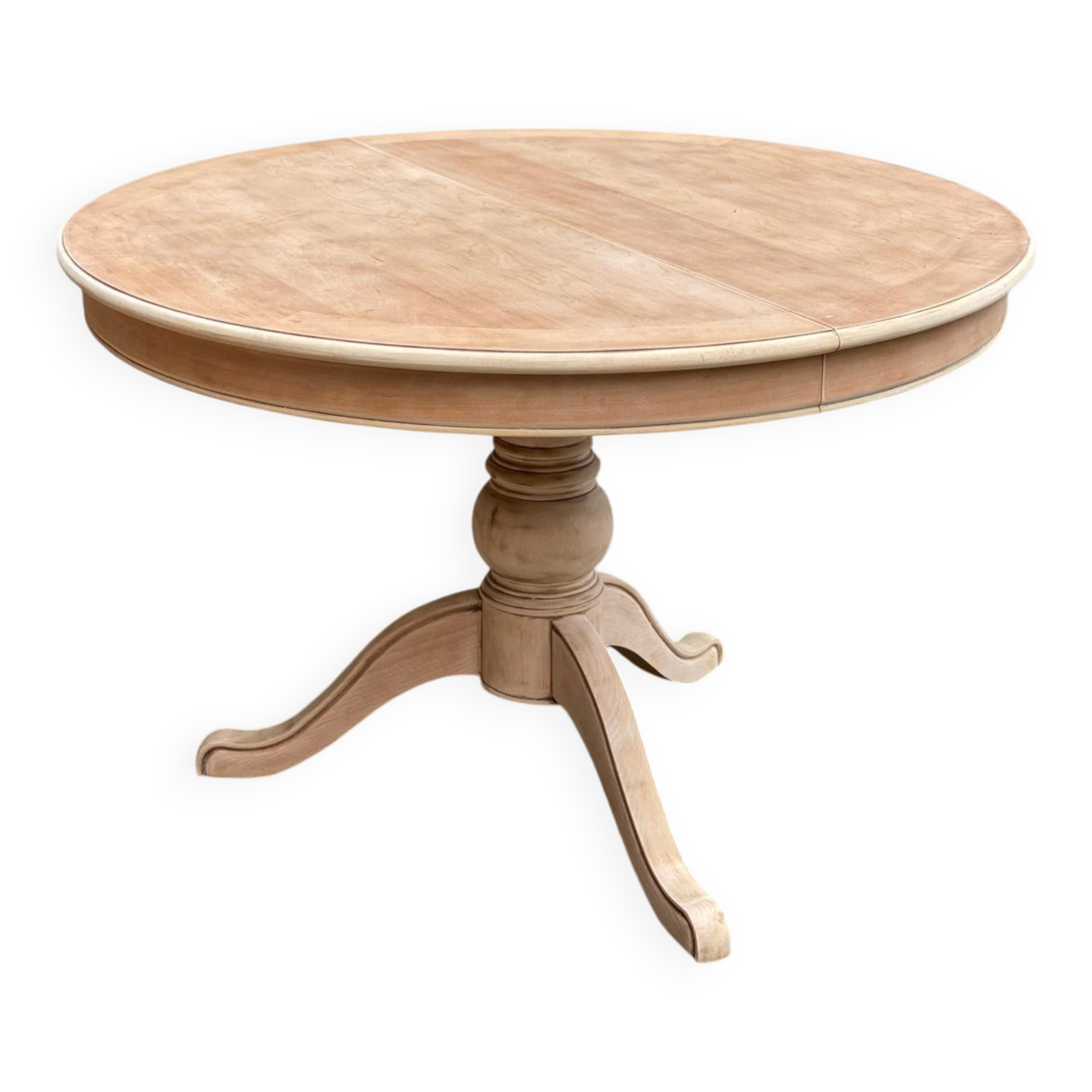 Renovated round extendable dining table with a central wooden leg, 113-203cm.