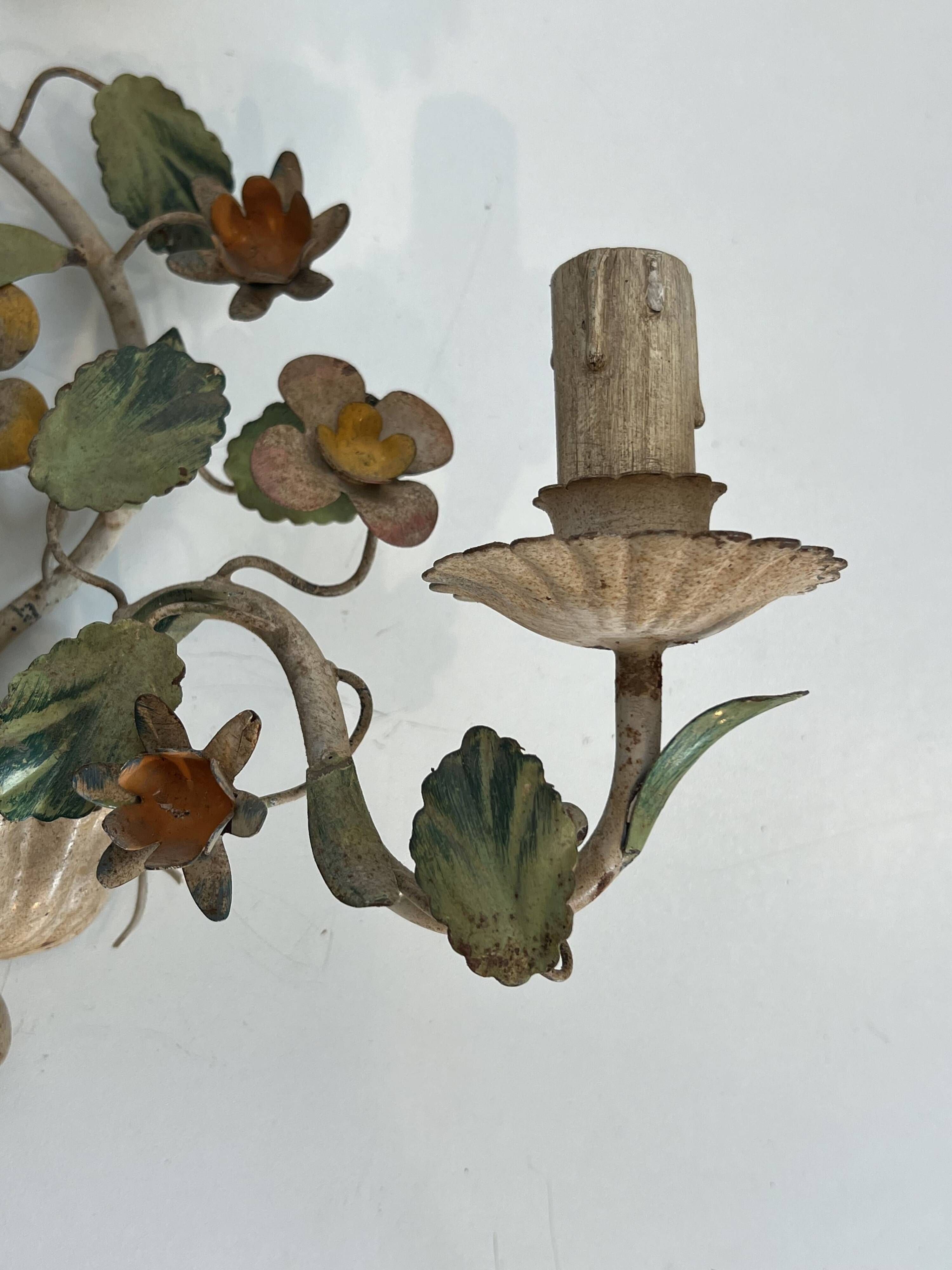 Pair of Wall Lights with Floral Basket in Painted Sheet Metal. Italian Work. Circa 19.