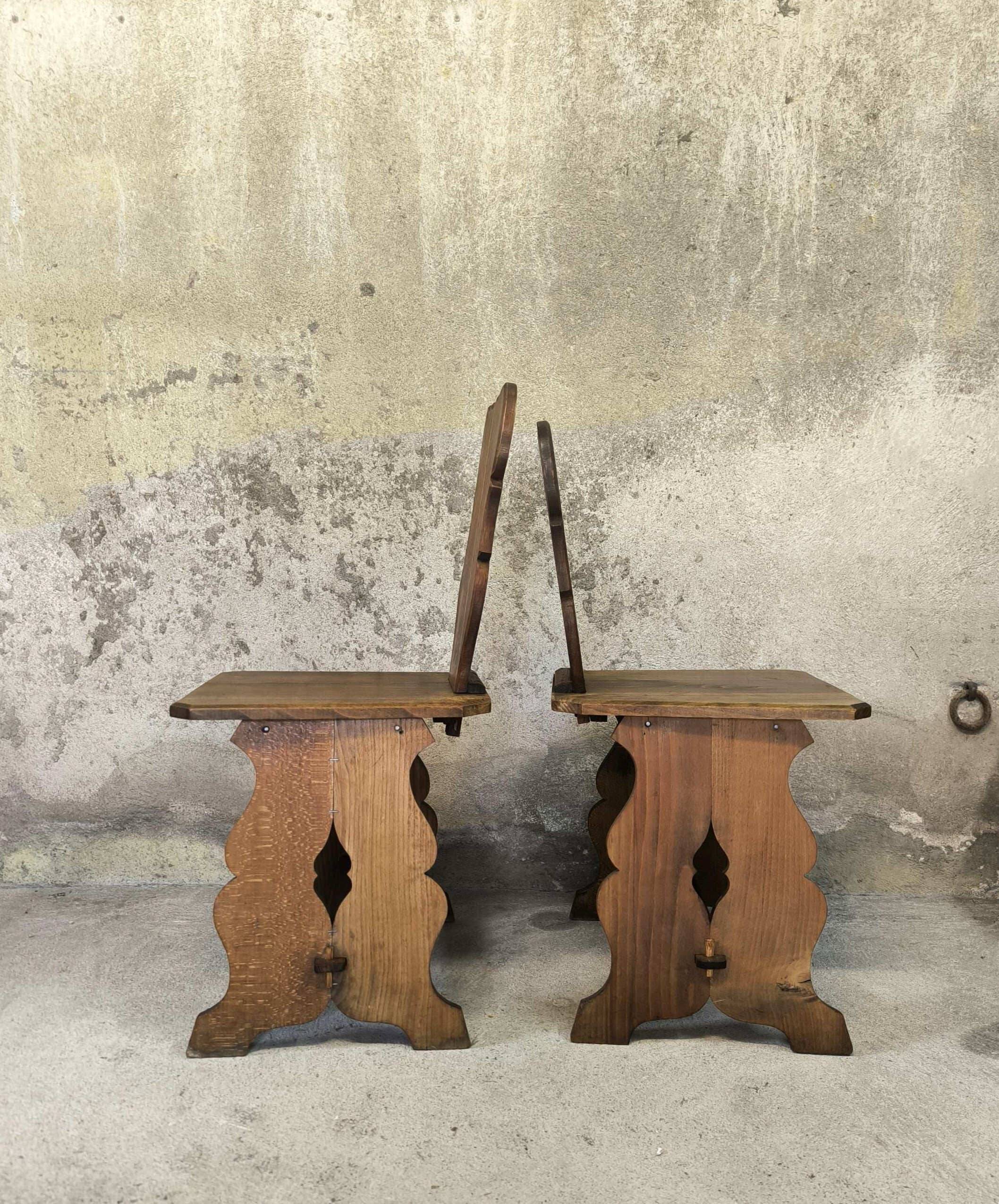 Set of six vintage brutalist wooden chairs.