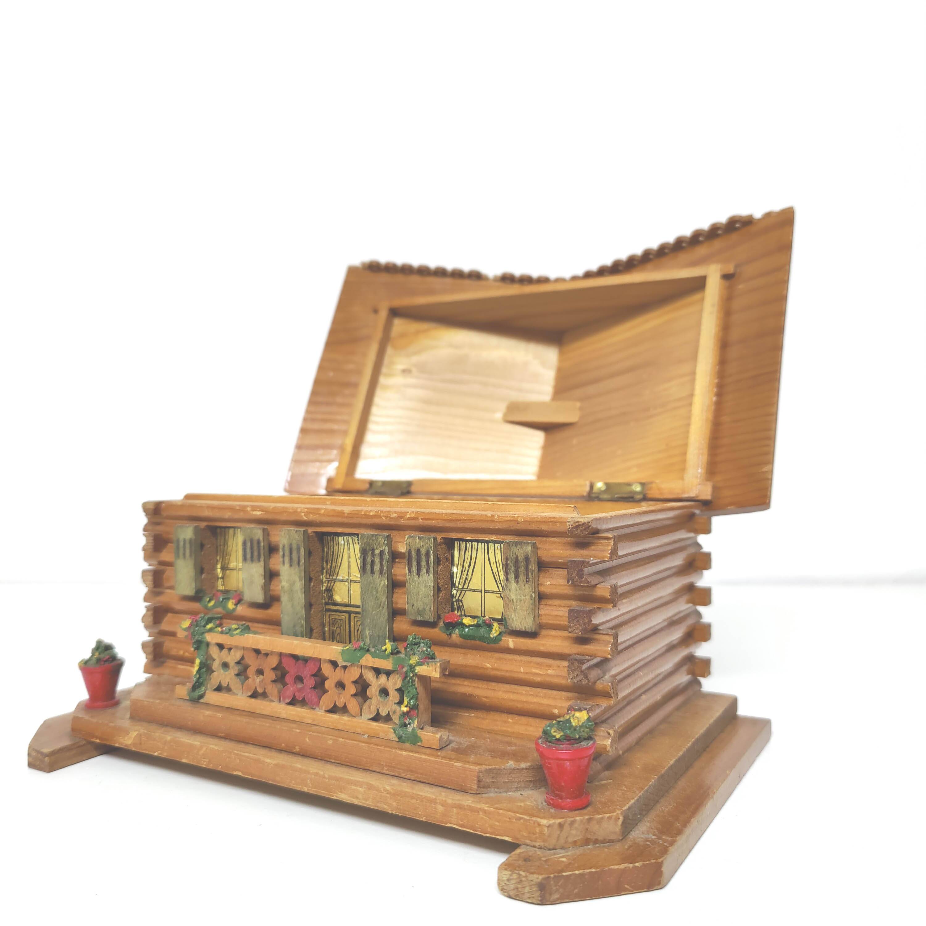 Wooden chalet box, jewelry box, pencils