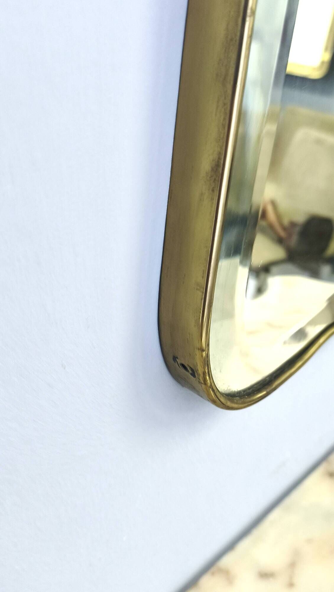 Vintage Shield Shaped Wall Mirror with Brass Frame and Beveled Glass, Italy