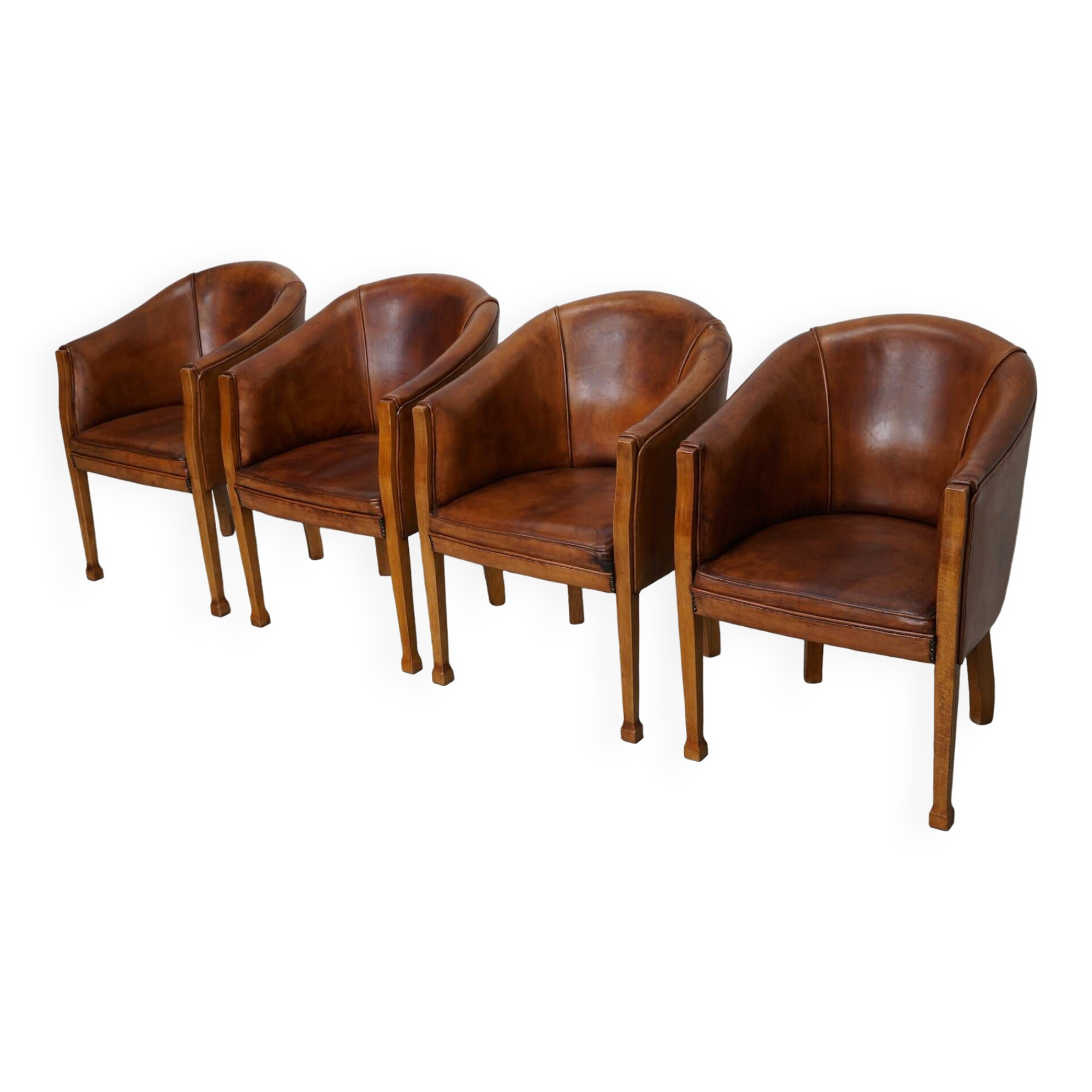 Fauteuils club style art déco en cuir cognac, pays-bas, set de quatre