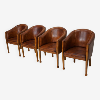 Art deco style dutch cognac leather club chairs, set of four