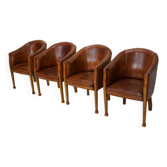 Fauteuils club style art déco en cuir cognac, pays-bas, set de quatre