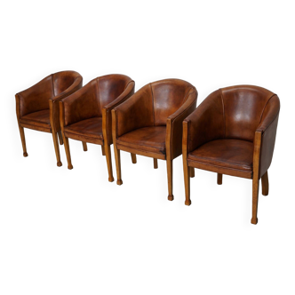 Art deco style dutch cognac leather club chairs, set of four
