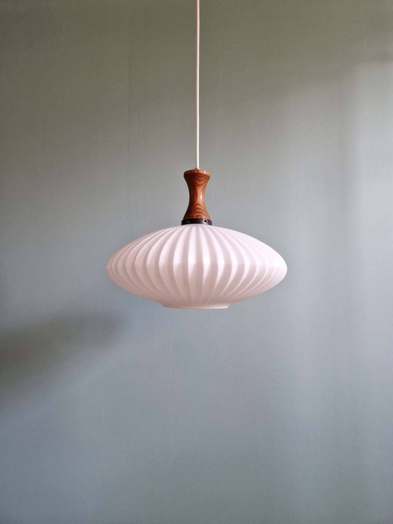 Teak and pleated white opaline suspension, Massive, 1960