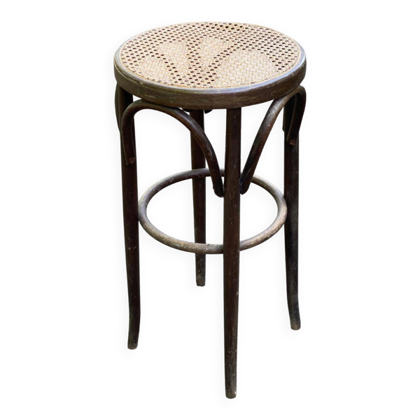 Tabouret de bar bistrot haut en bois courbé canné