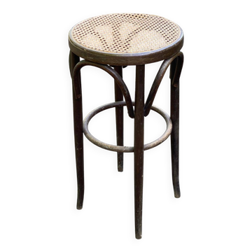Tabouret de bar bistrot haut en bois courbé canné