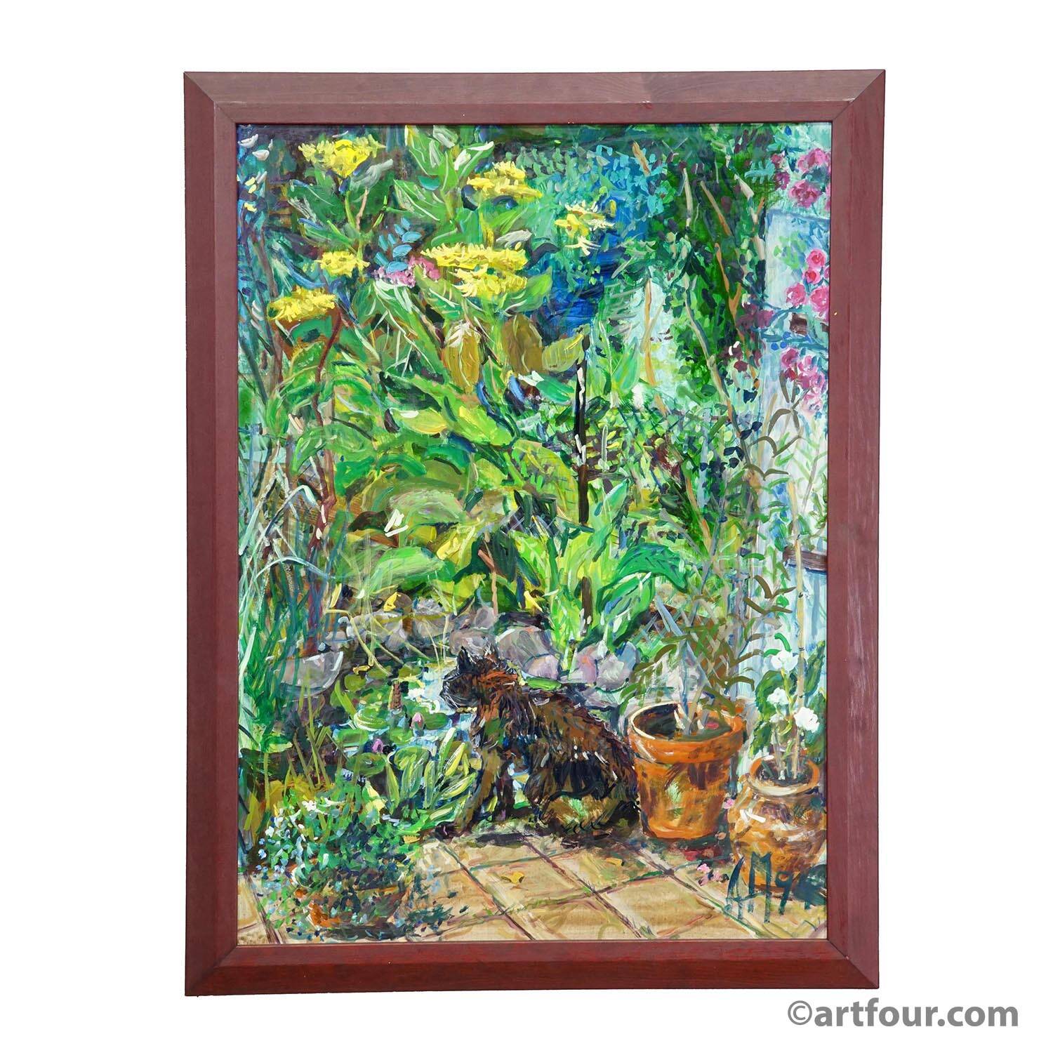 Vintage impressionist oil painting of a garden, Alexander Michael 1994.