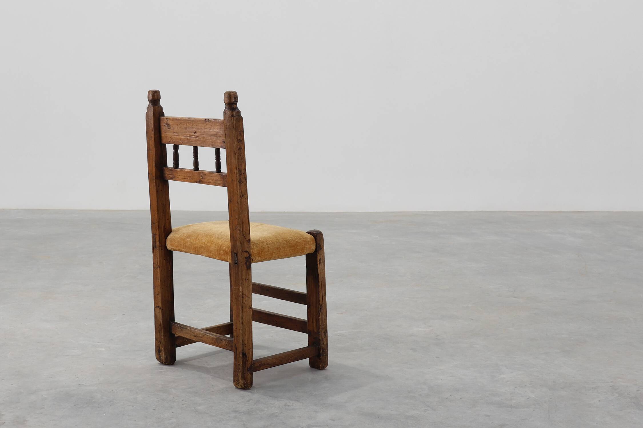 19th Century Spanish Hand-Carved oak Side Chair with Velour Seat