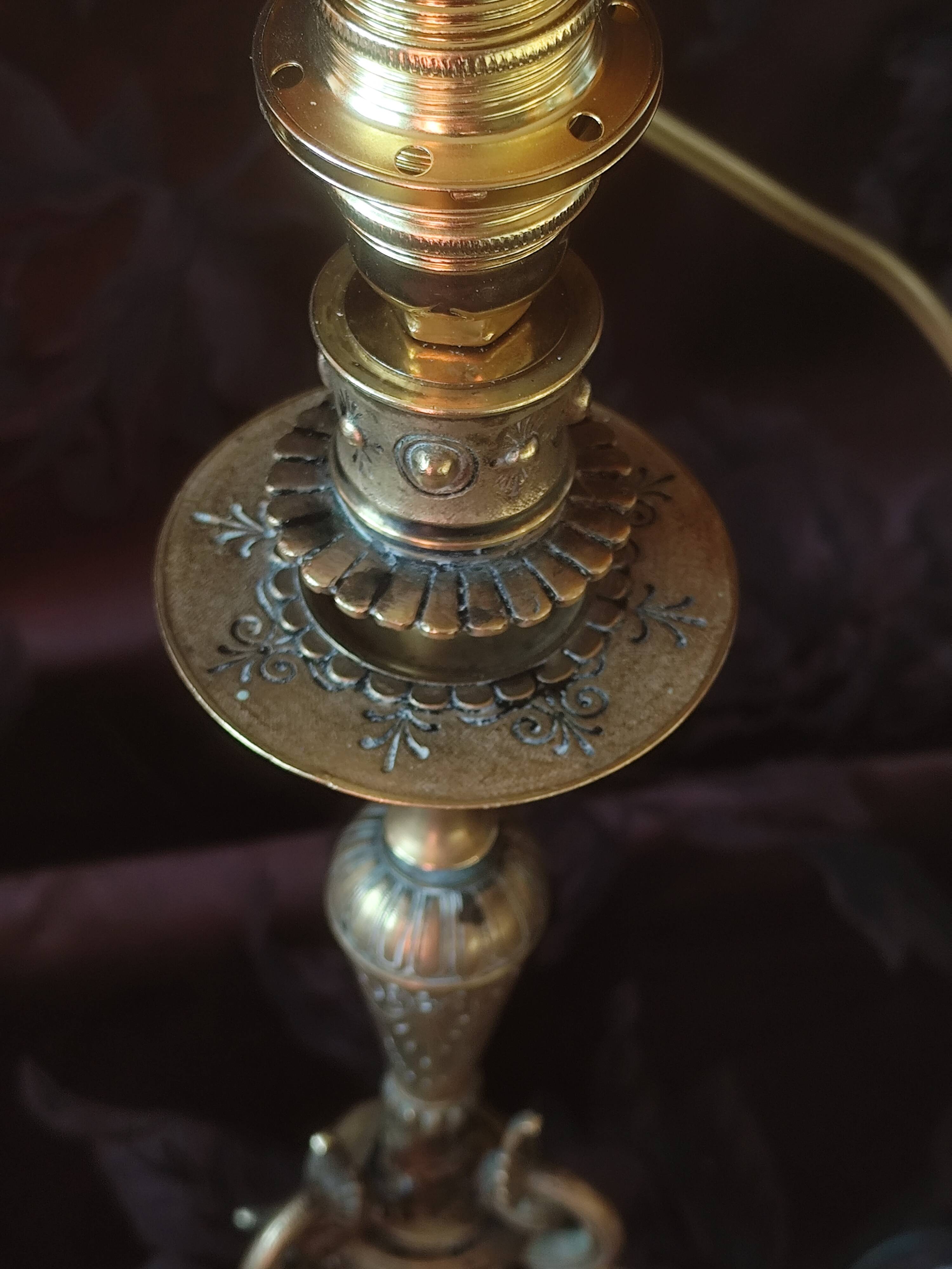 Electrified candlestick lamp, bronze tripod table lamp with goat's feet