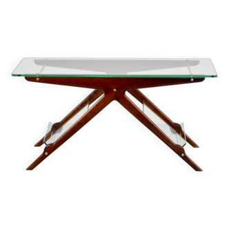Table basse italienne en acajou, laiton et verre