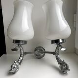 Duo of wall lamps in chrome metal and Opalines Japanese 50s