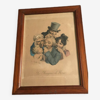 Framed engraving "The Nut Eaters" by Leopold Boilly (1761-1845). Wood frame/Glass window