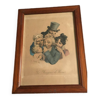 Framed engraving "The Nut Eaters" by Leopold Boilly (1761-1845). Wood frame/Glass window