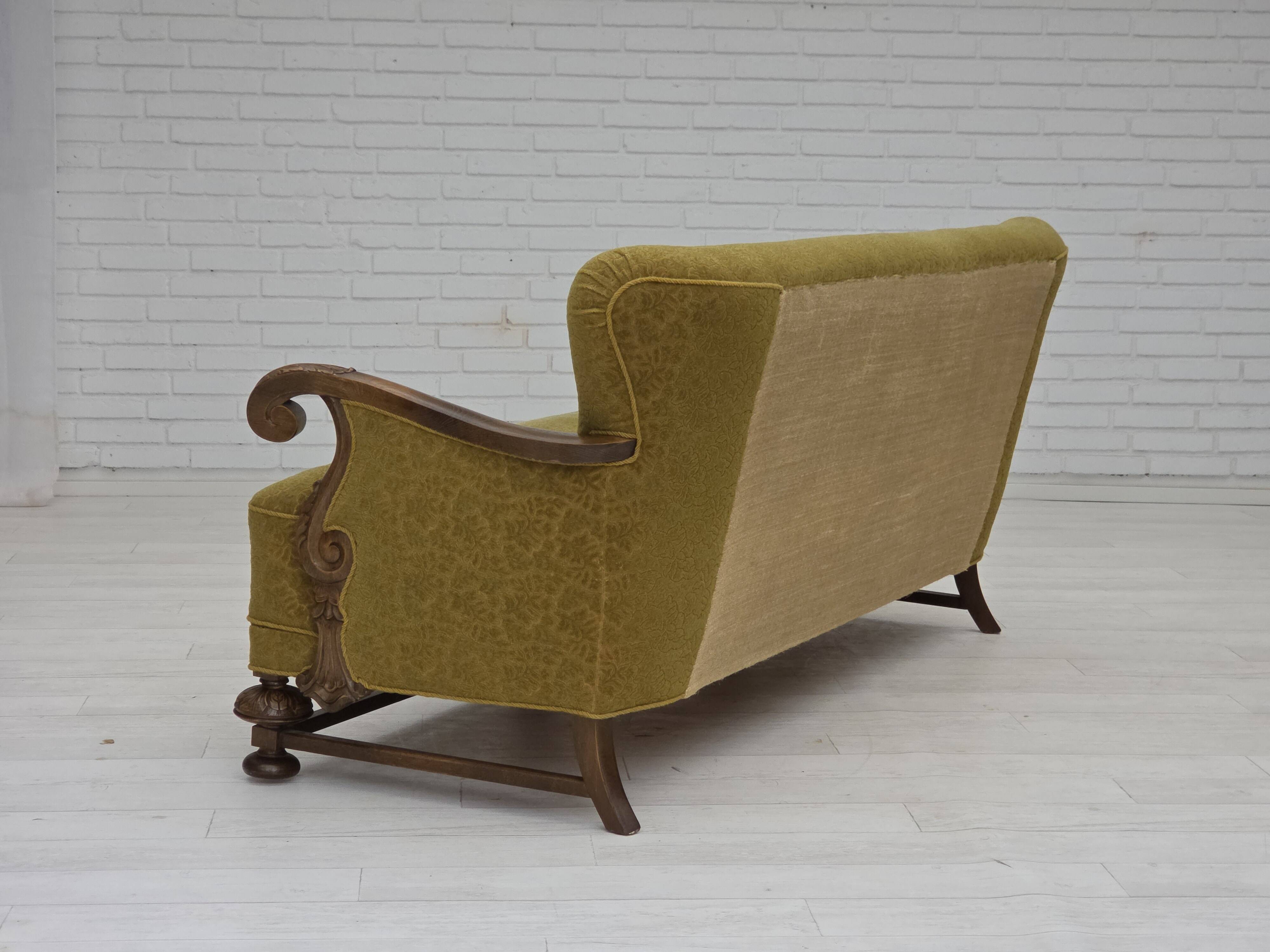 1960s, 3-seater Danish sofa, cotton/wool furniture fabric, solid oak wood.