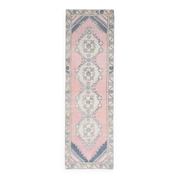 Vintage Turkish Hand-Knotted Wool Cotton Pink Runner Rug 84x281