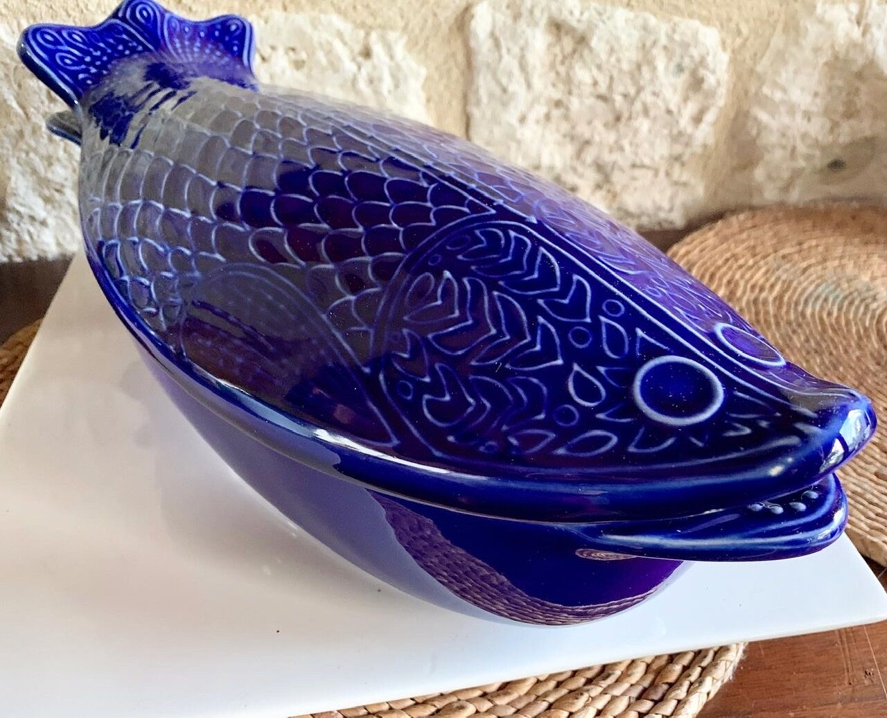 Vintage blue ceramic serving dish by Environmental Ceramics Inc., San Francisco, 1966