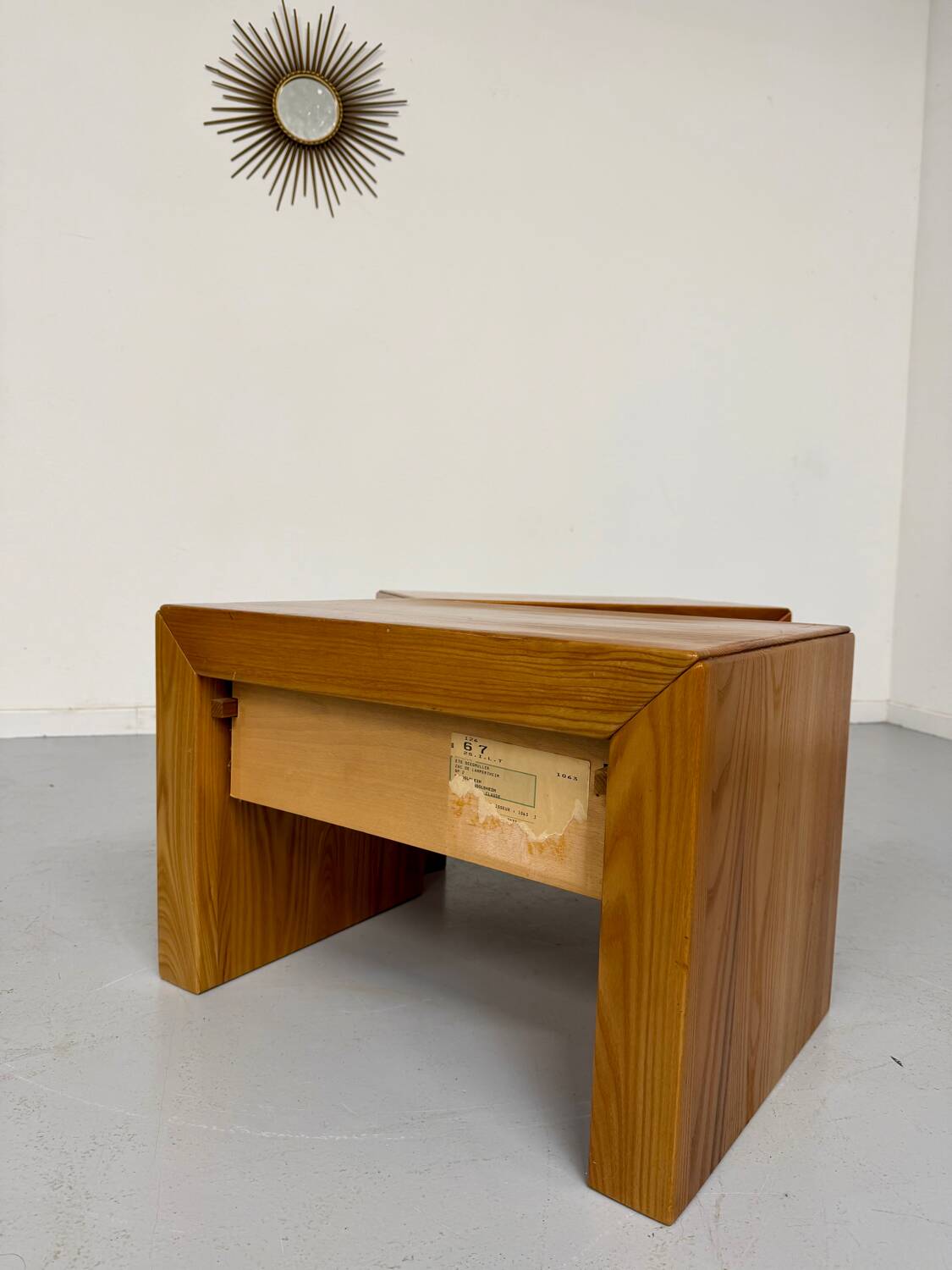 2 bedside tables in elm, designed by Maison Regain, France, 1970s.
