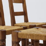 Set of 4 French Oak and Rush Ladder Back Dining Chairs 1950s