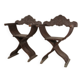 Pair of antique Savonarole armchairs in Renaissance style.