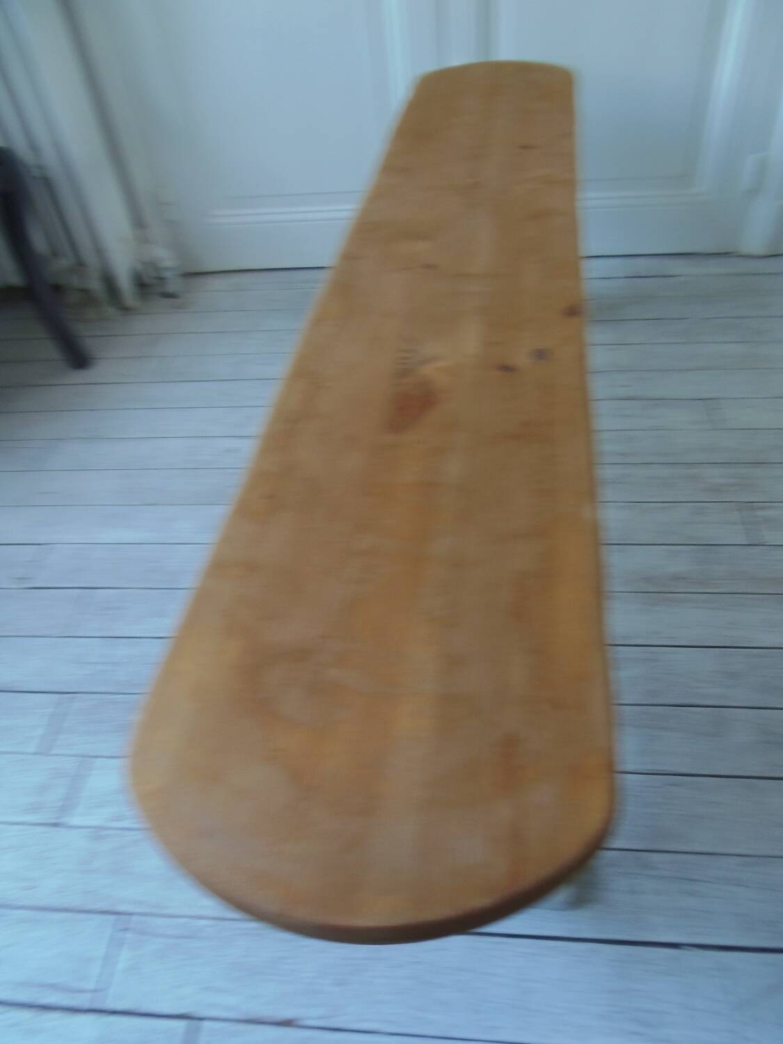 Vintage bench re-enchanted in pearl gray, wooden seat.