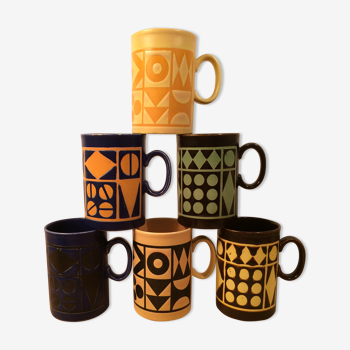 Set de 6 mugs motifs géométriques vintage Staffordshire Potteries