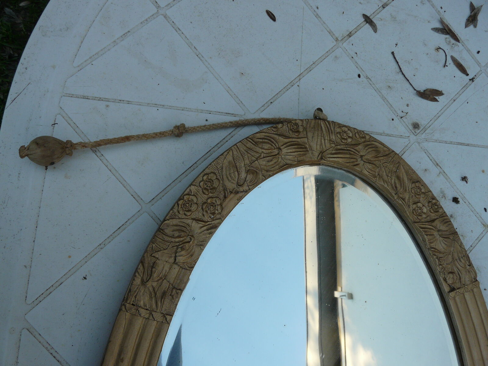 bevelled wooden art deco and gilded stucco bevelled mirror 66x39cm