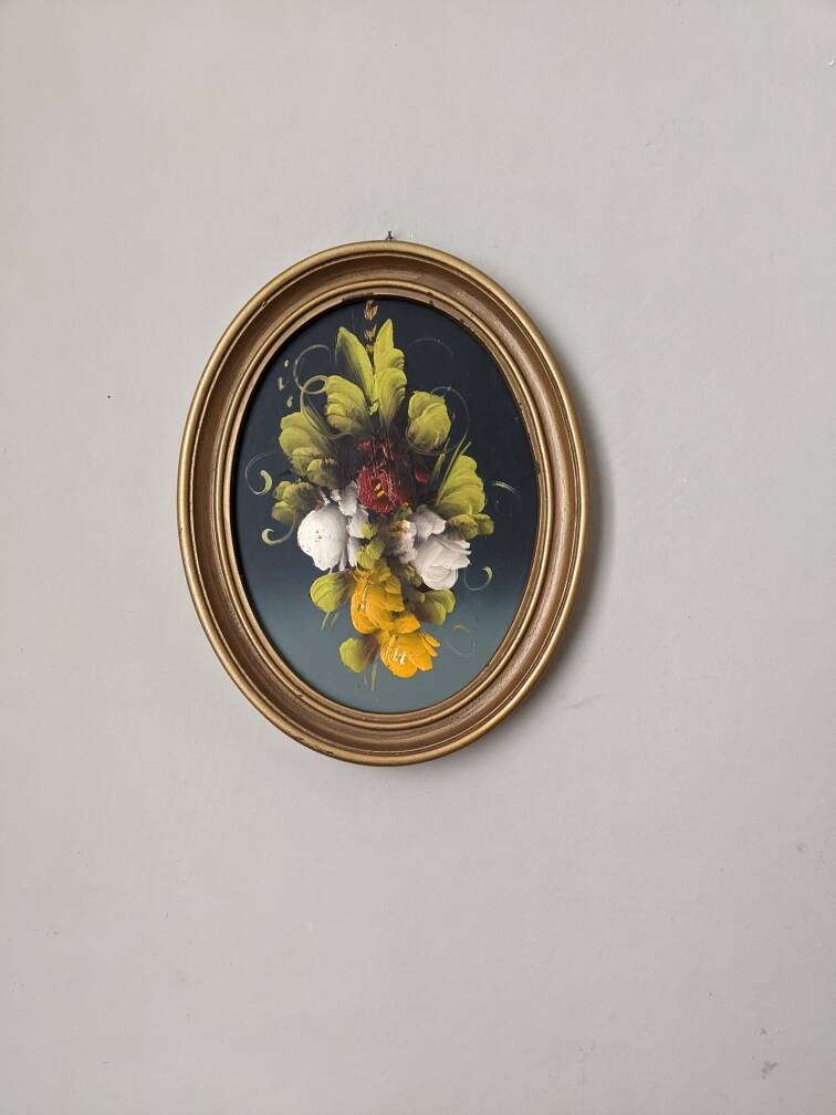 Tableau ovale acrylique sur bois cadre doré nature morte fleurs campagne