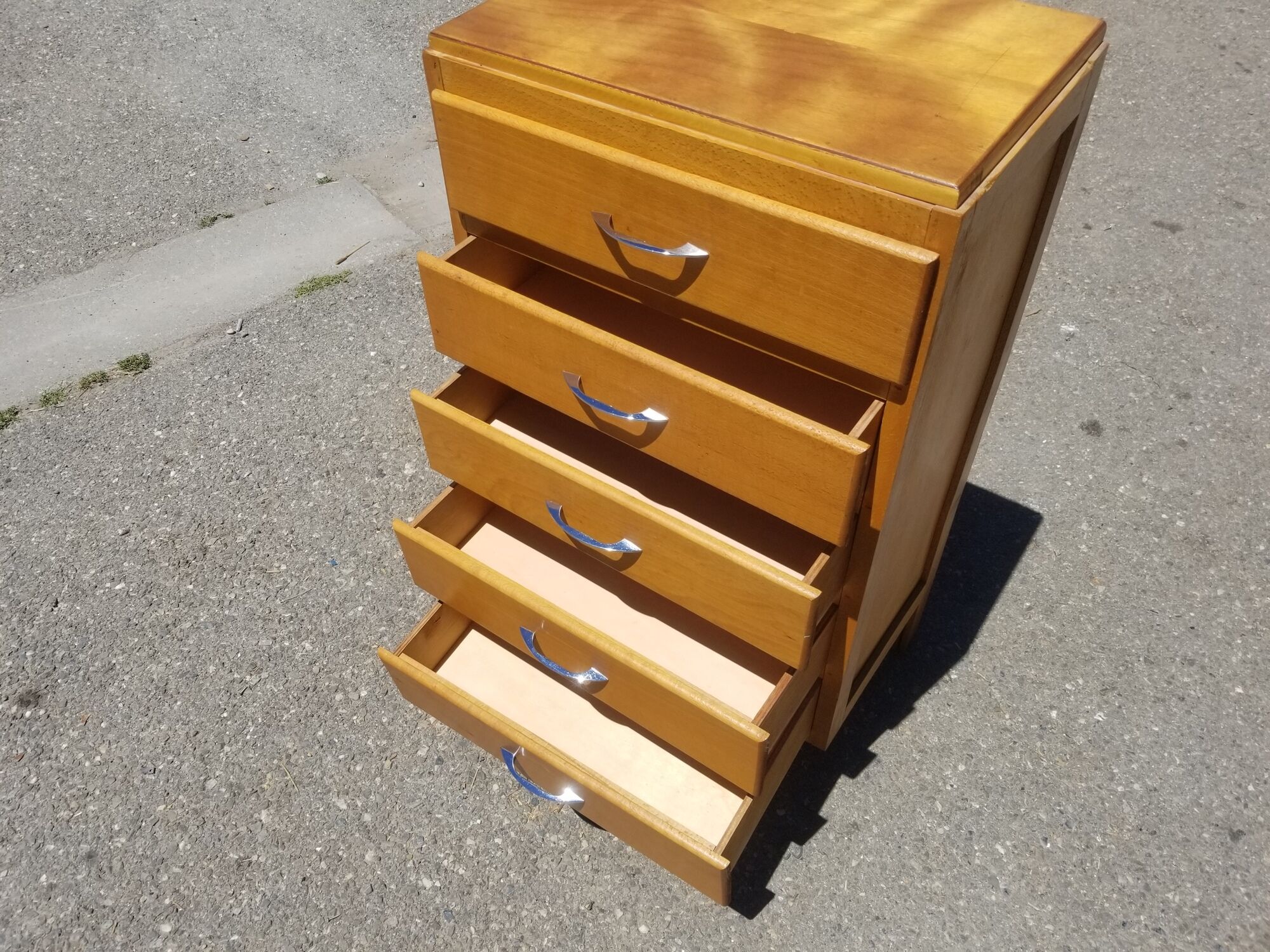 Chiffonnier vintage 5 tiroirs en bois blond - années 60