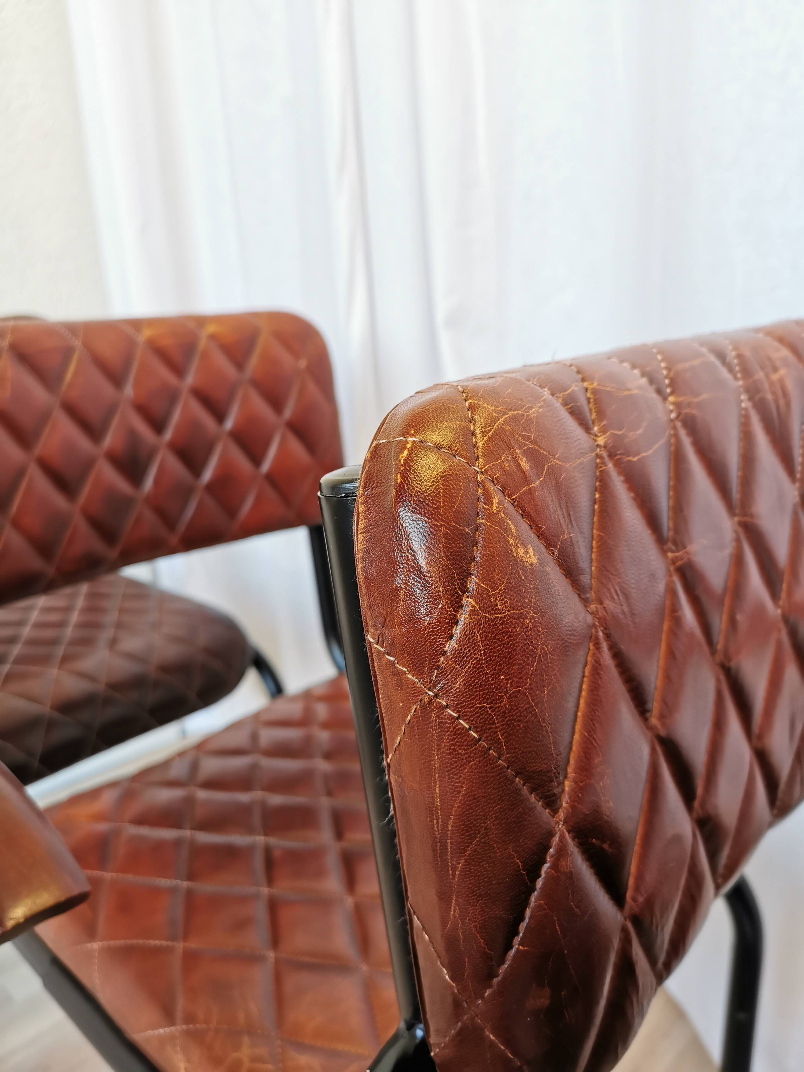 Set of 4 Vintage Quilted Leather Dining Chairs: Black Metal Base