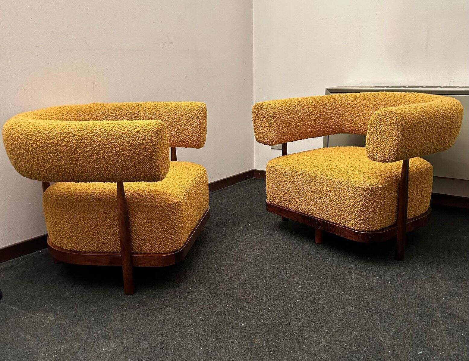Set of Lounge Chairs with Tapered Legs in Mustard Bouclé Wood, 2000s