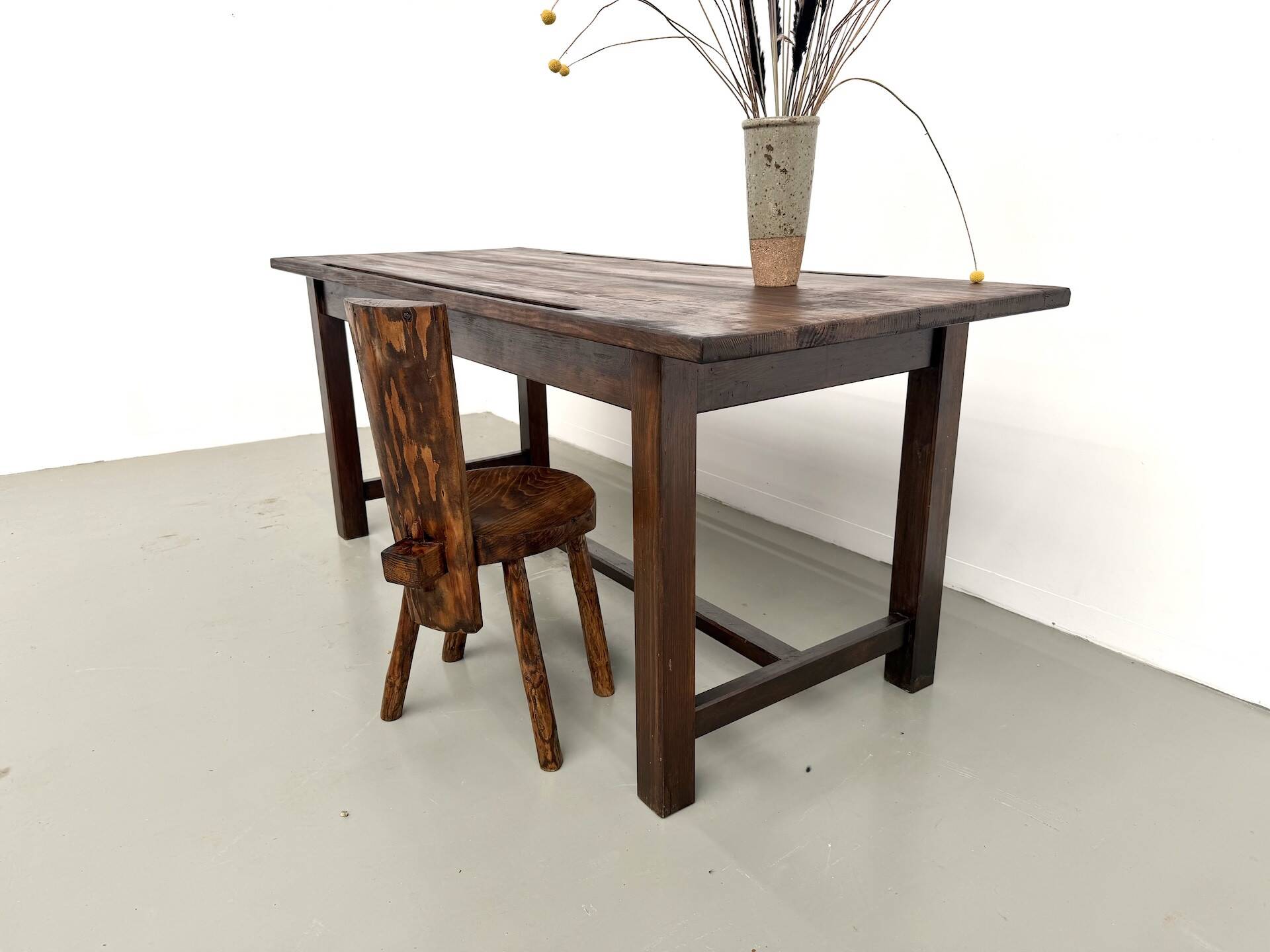 Solid pine work table, grooved top, satin brown finish, year