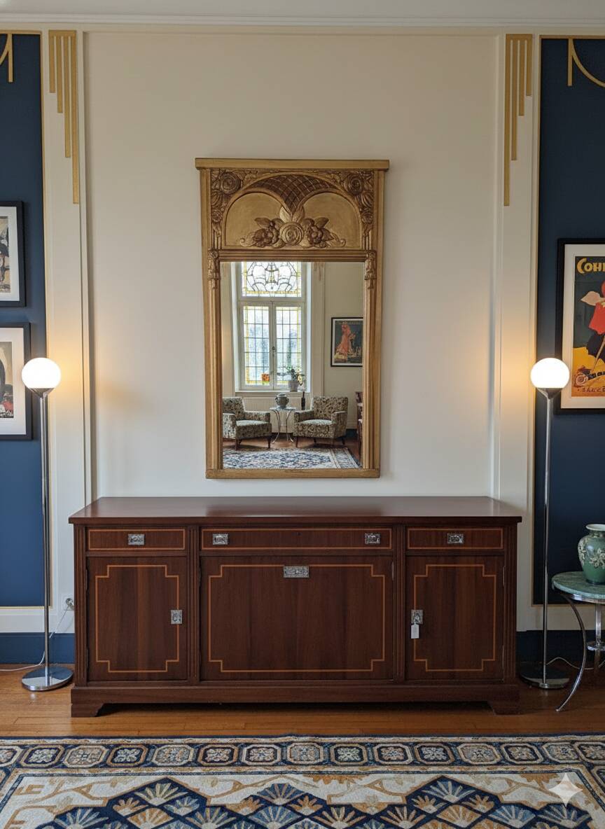 Art Deco gilded trumeau, bevelled mirror