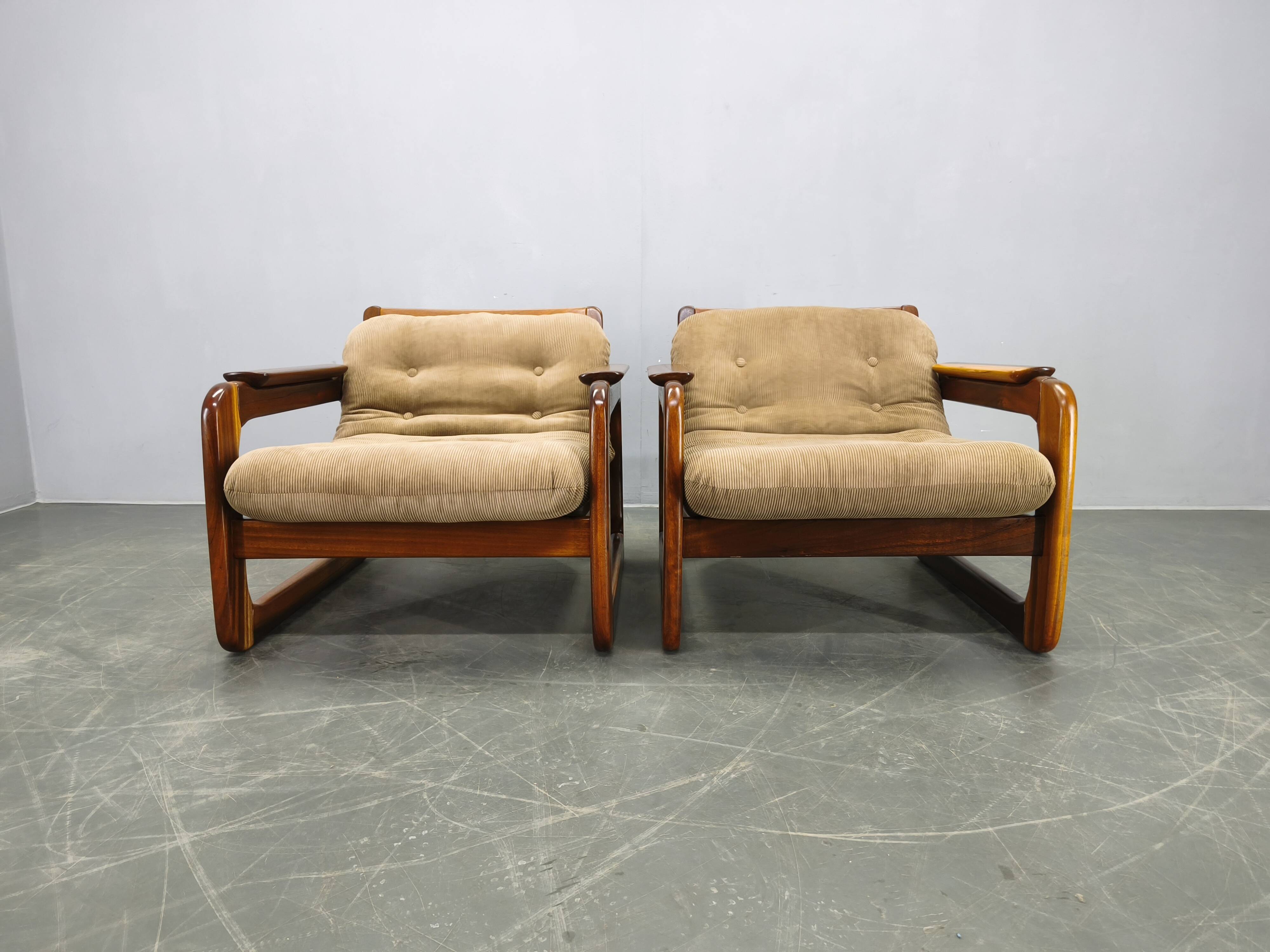 Pair of 1970s Scandinavian lounge chairs, upholstered in corduroy.