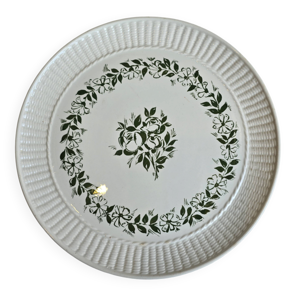 Plat ovale en faïence de Gien France, décor fleurs vertes, bord relief vann — Beyit