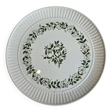 Oval dish in Gien France earthenware, green flower decoration, relief woven edge.