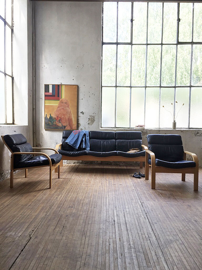 Danish sofa and armchairs curved wood and leather