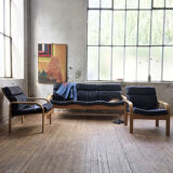 Danish sofa and armchairs curved wood and leather