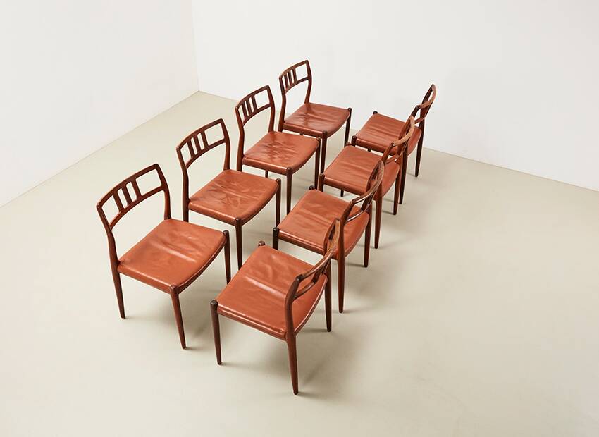 Niels Otto Moller Set of 8 Model 79 Dining Chairs in Rosewood and Leather for JL Mollers 1966