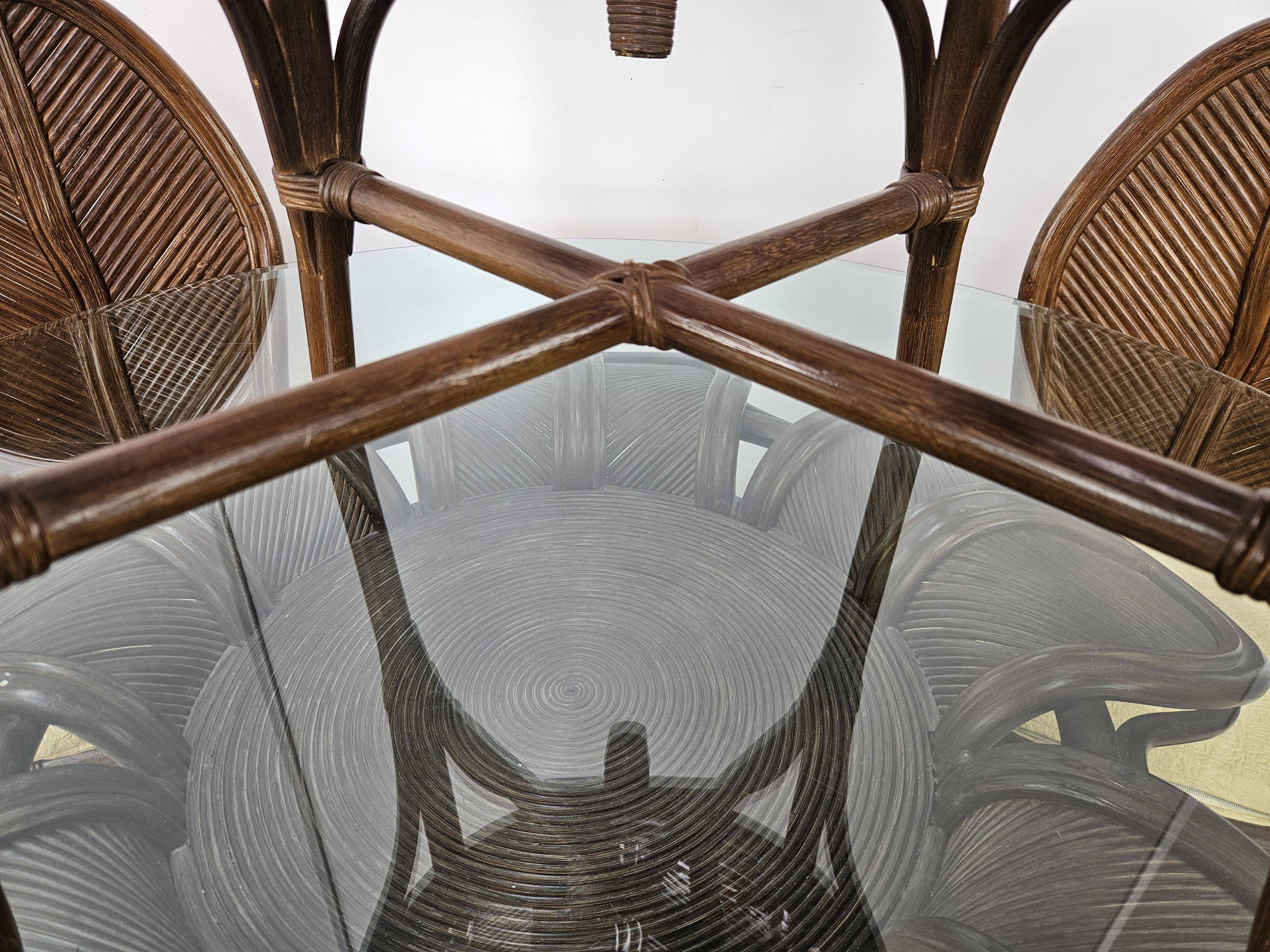 Ensemble table et quatre chaises en osier et bambou par Vivai Del Sud, 1970