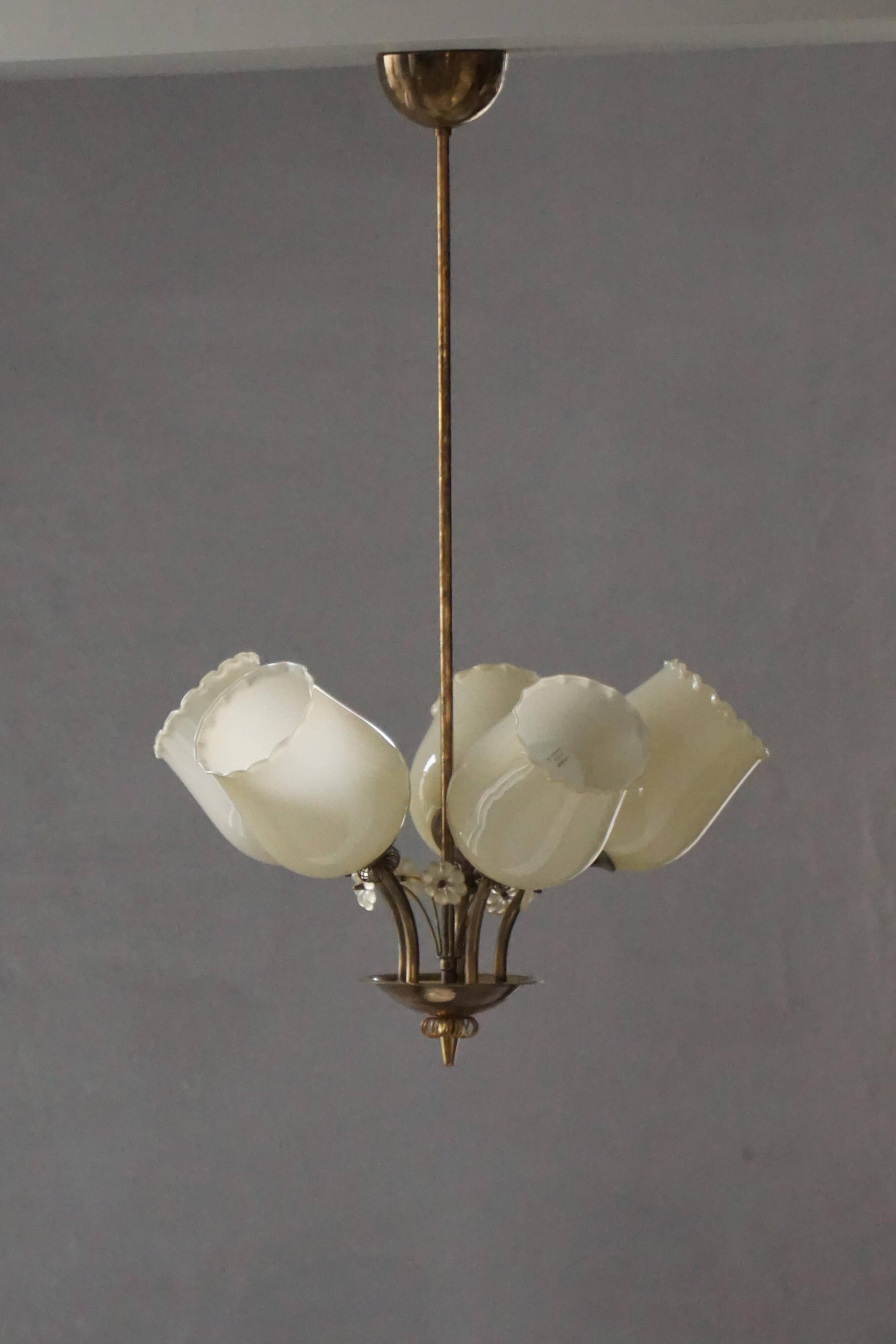 Brass and Glass Mid-Century Chandelier by Itsu, Finland, 1950s