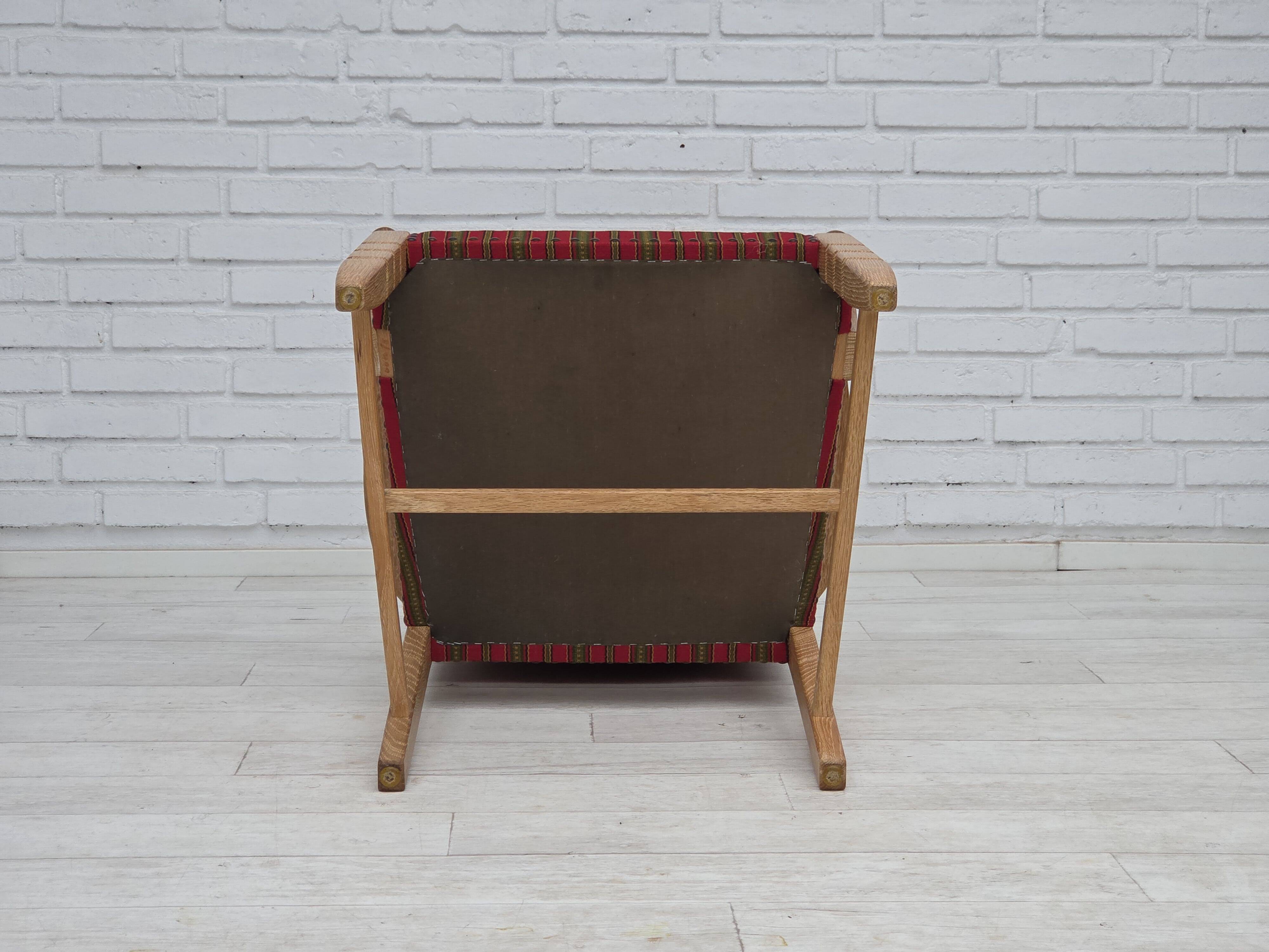 1970s, Danish armchair, striped red furniture wool, solid oak wood.
