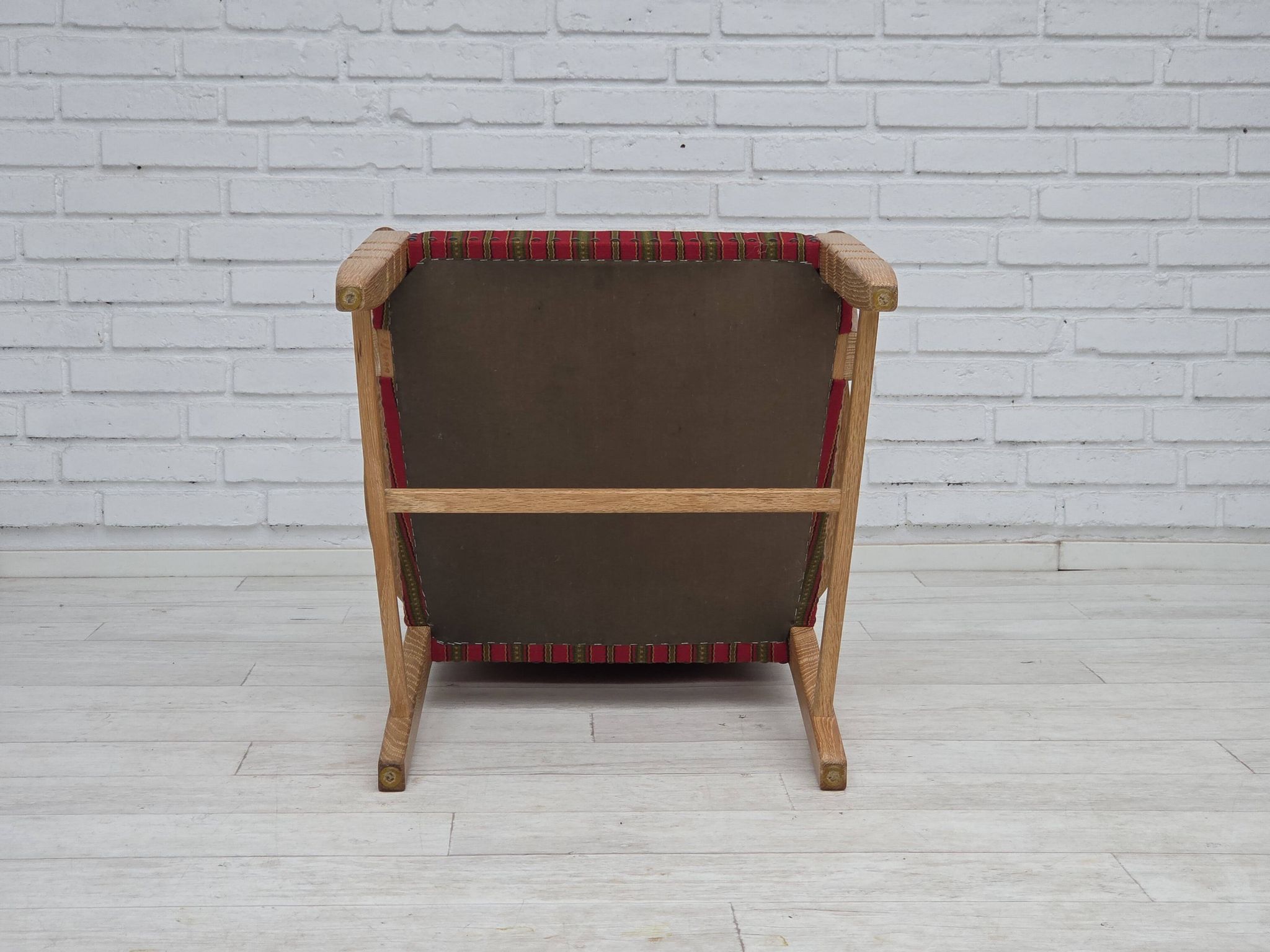 1970s, Danish armchair, striped red furniture wool, solid oak wood.
