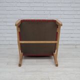 1970s, Danish armchair, striped red furniture wool, solid oak wood.