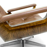 Fauteuil lounge et ottoman en cuir et bois plié des années 60/70