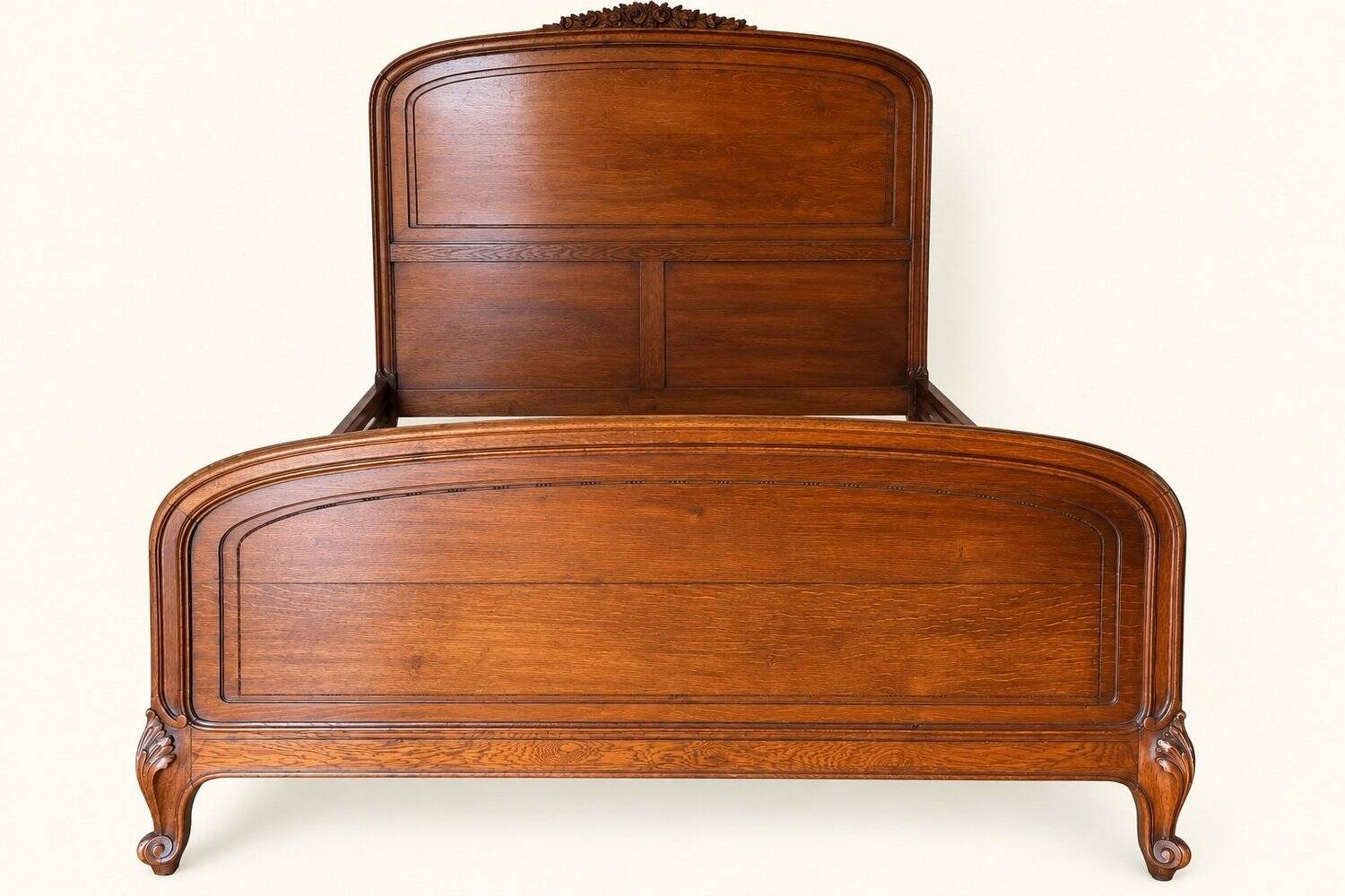 Double bed Louis XV carved walnut with roses and cabriole legs.