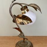 Vintage lamp with leaves in gilded brass and white opaline globe
