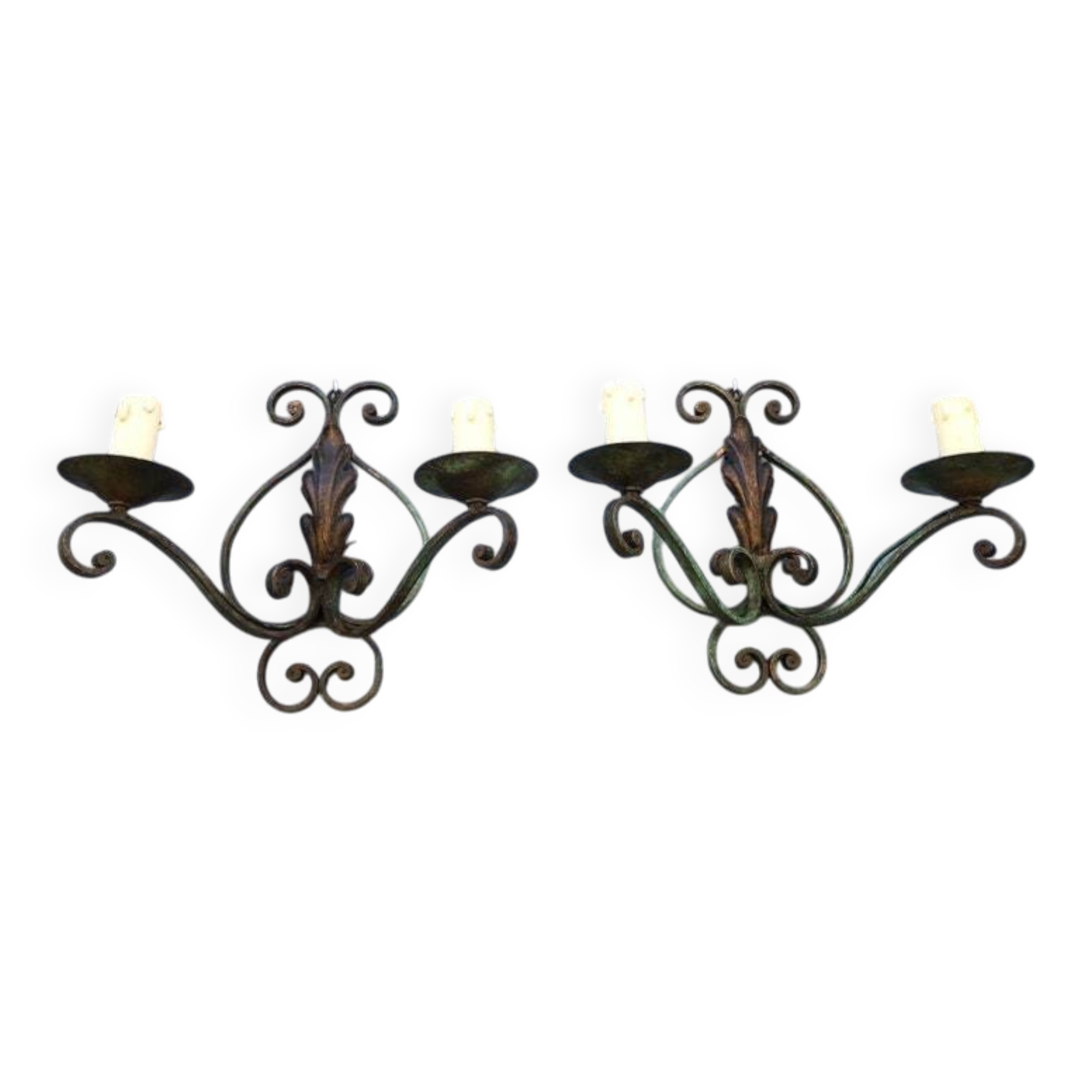 Art Deco Wrought Iron Wall Sconces: French Tole Twin Arm Lights